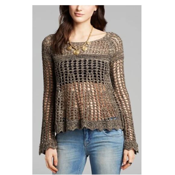New FREE PEOPLE Brown Long Sleeve Annabelle Crochet Pullover Top Size M - Picture 1 of 6